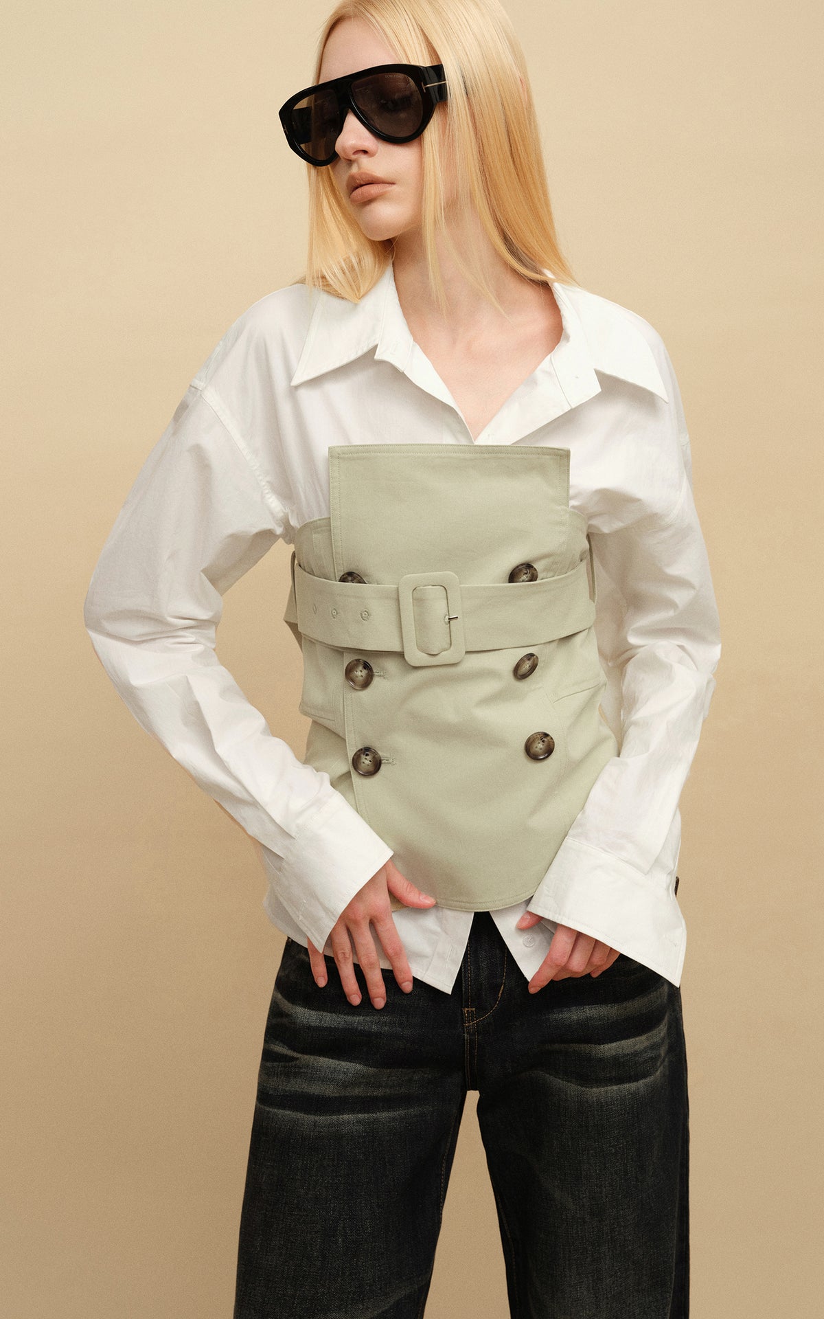 0122stepll Belted Bustier Vest &amp; Relaxed Shirt Set