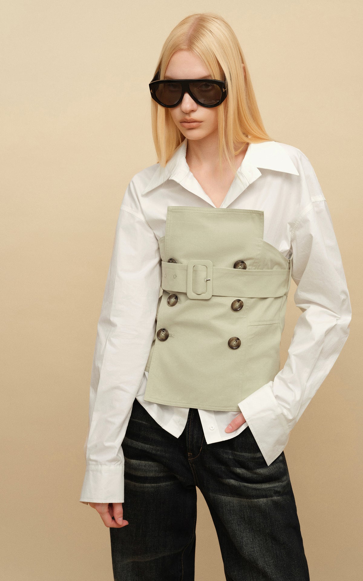 0122stepll Belted Bustier Vest &amp; Relaxed Shirt Set