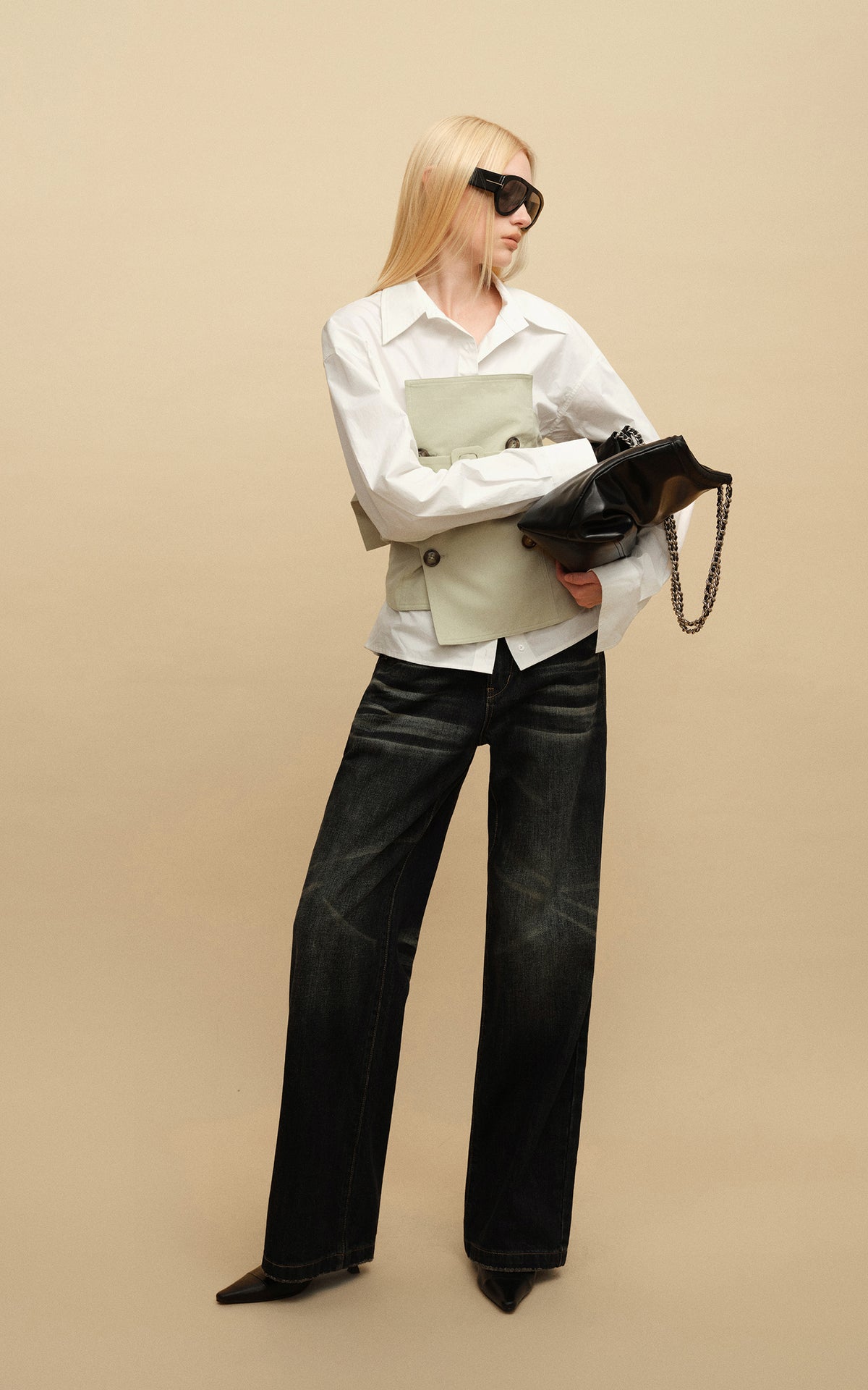 0122stepll Belted Bustier Vest &amp; Relaxed Shirt Set