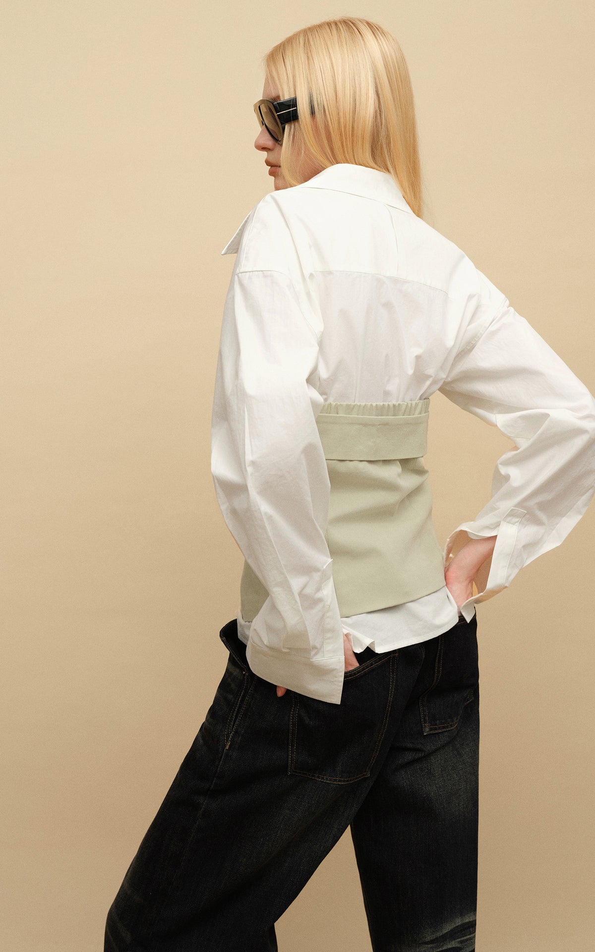 0122stepll Belted Bustier Vest &amp; Relaxed Shirt Set