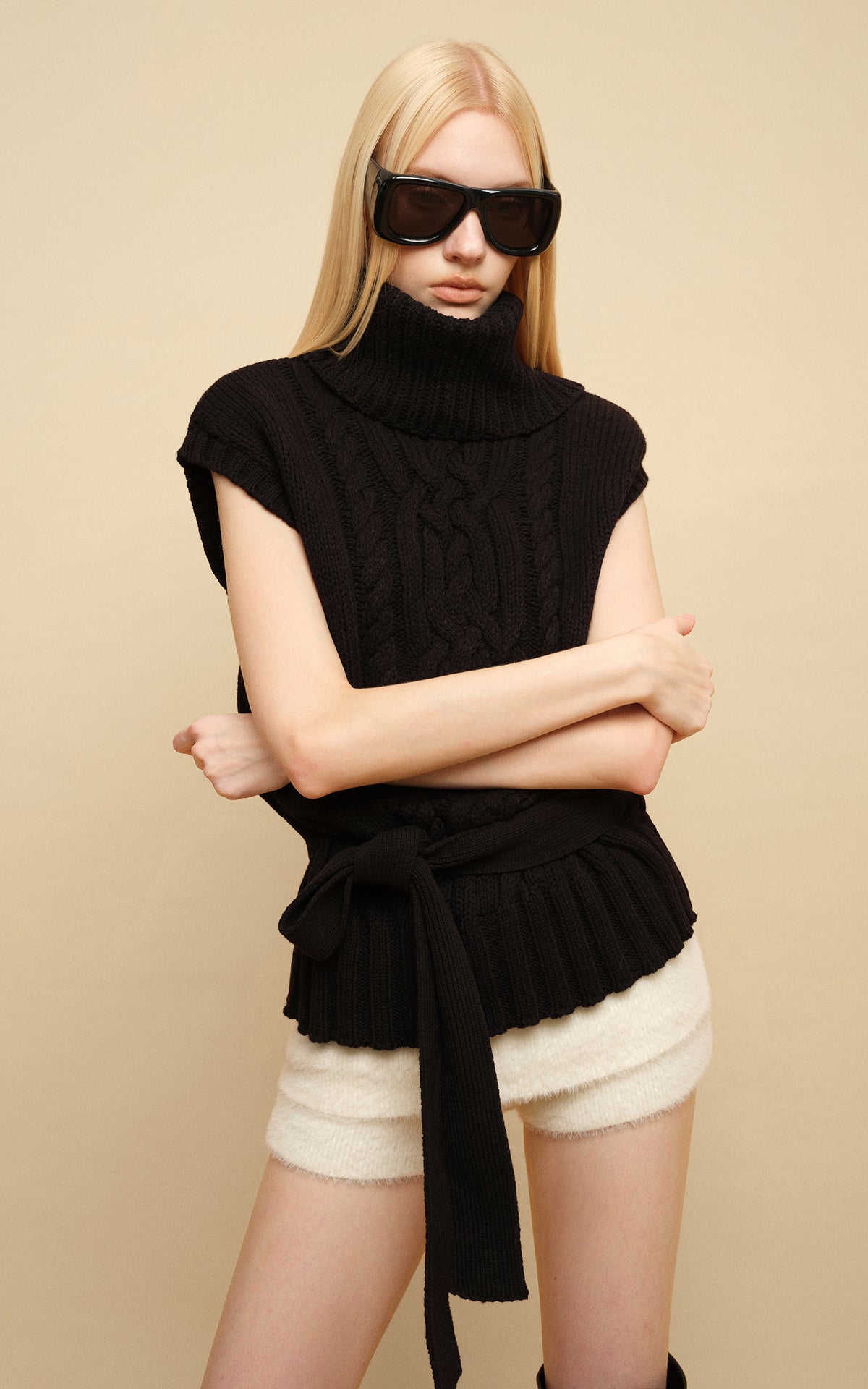 0122stepll Deconstructed Cable Knit Belted Turtleneck Vest