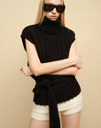 0122stepll Deconstructed Cable Knit Belted Turtleneck Vest