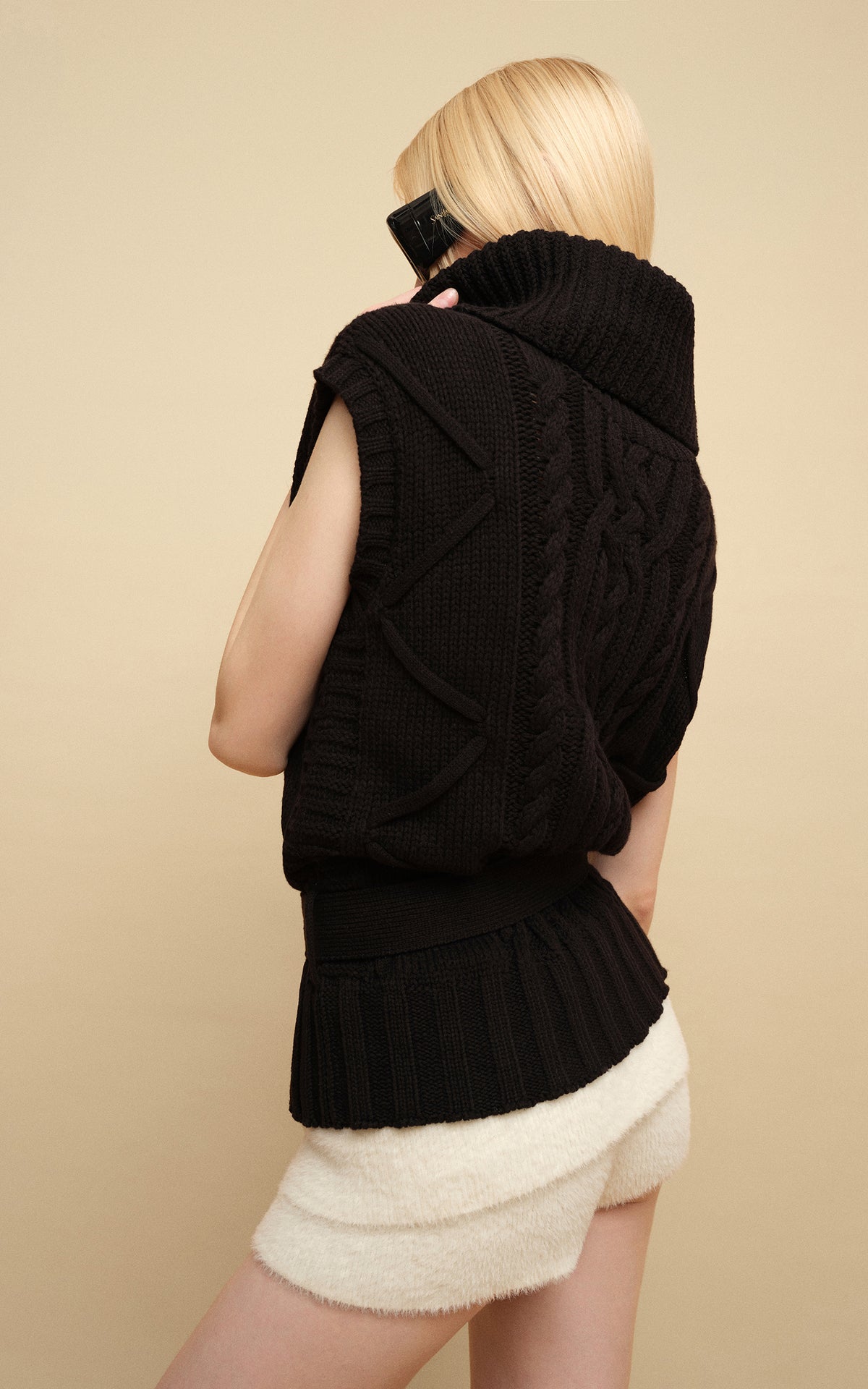 0122stepll Deconstructed Cable Knit Belted Turtleneck Vest