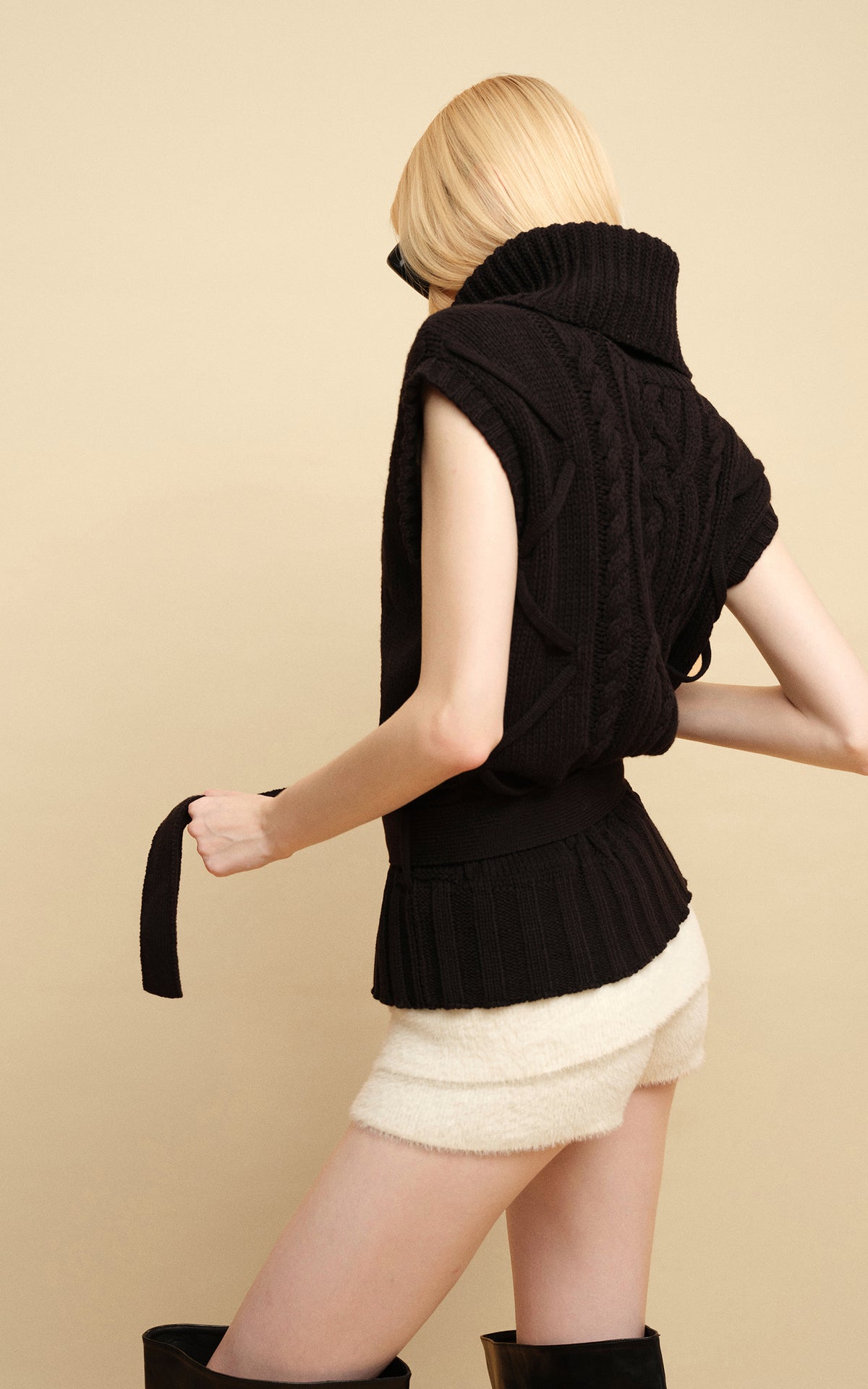 0122stepll Deconstructed Cable Knit Belted Turtleneck Vest