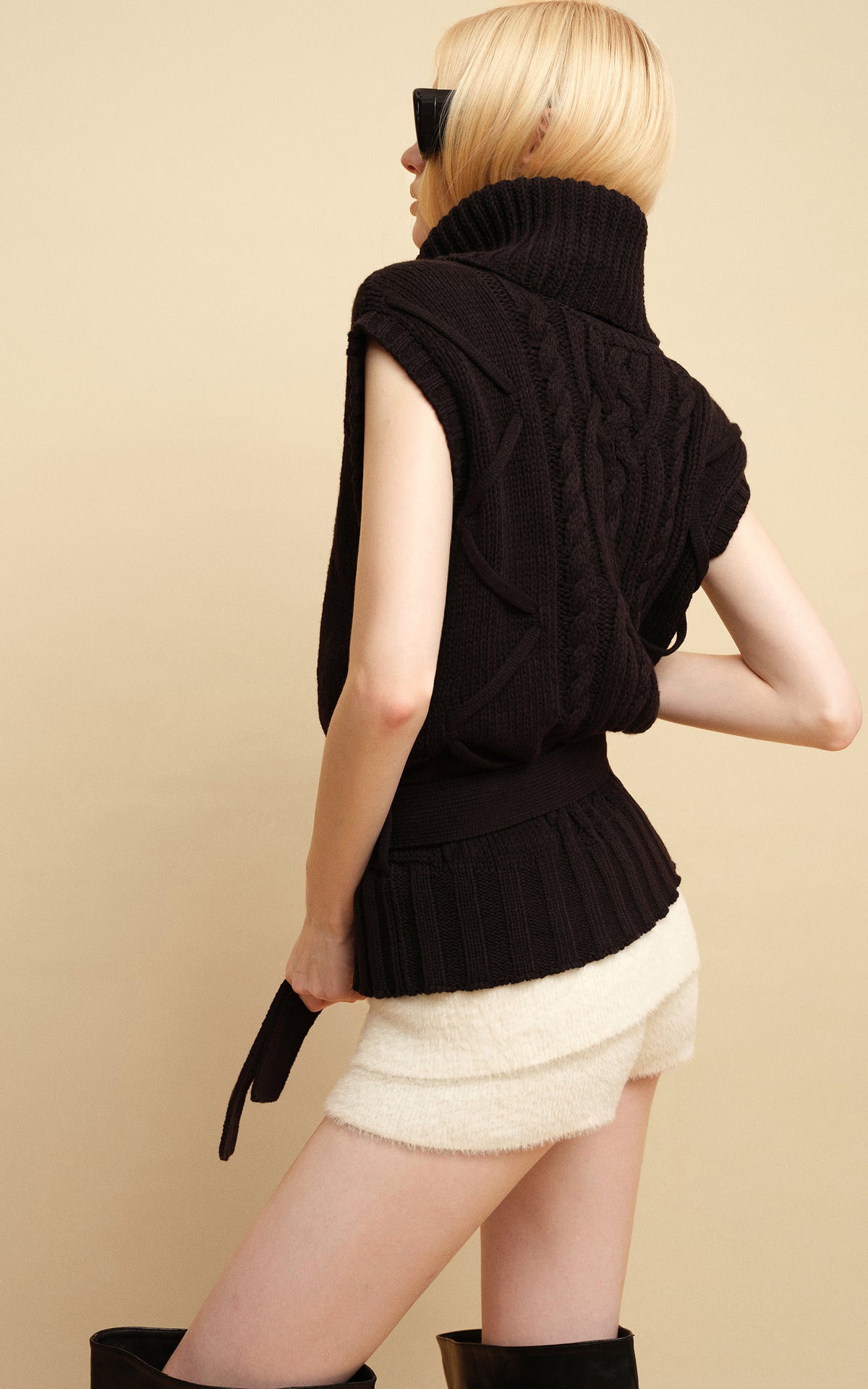0122stepll Deconstructed Cable Knit Belted Turtleneck Vest