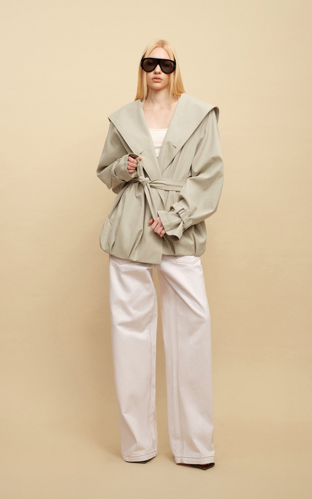 0122stepll Hooded Belted Trench Jacket