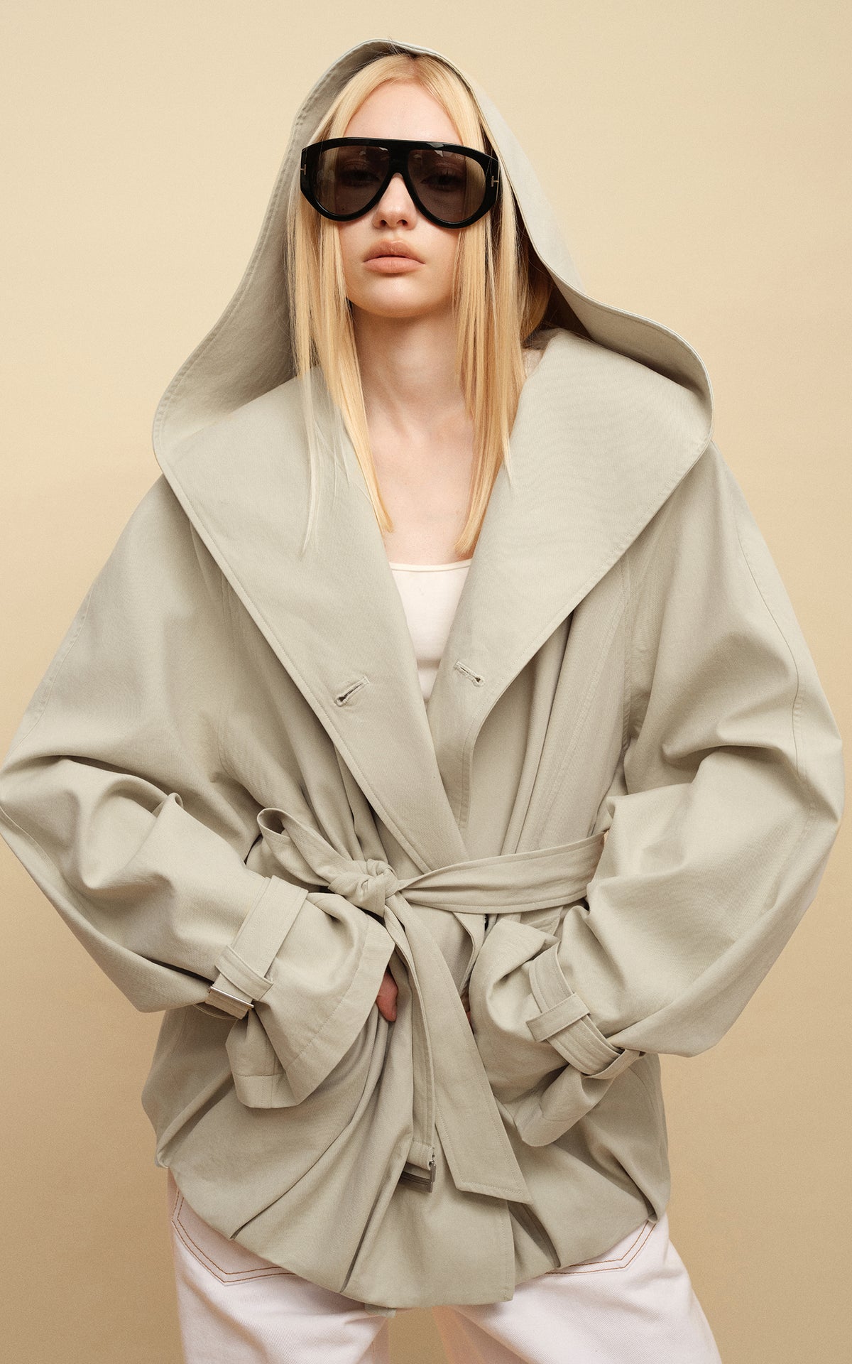 0122stepll Hooded Belted Trench Jacket
