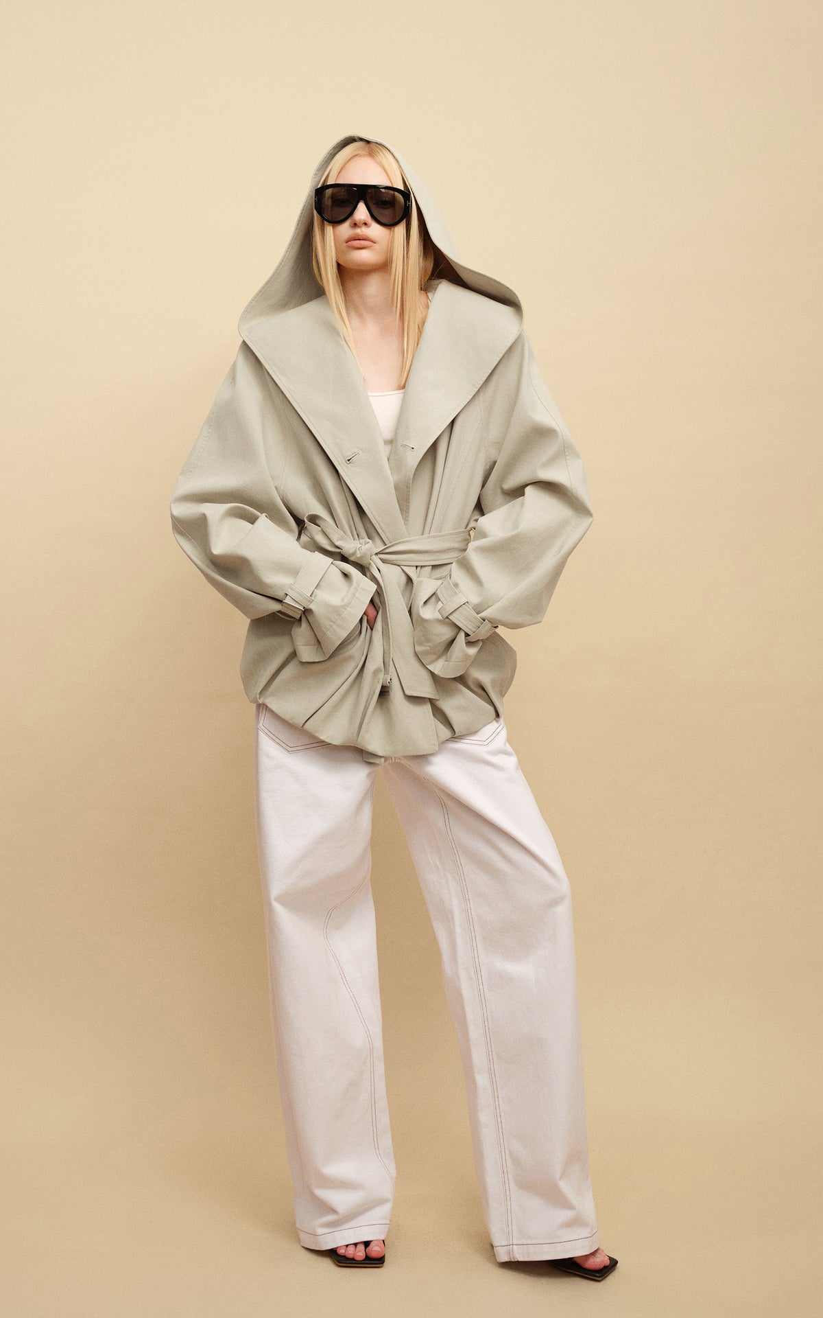 0122stepll Hooded Belted Trench Jacket