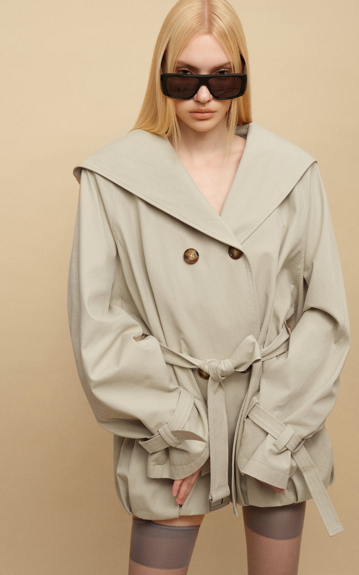 0122stepll Hooded Belted Trench Jacket