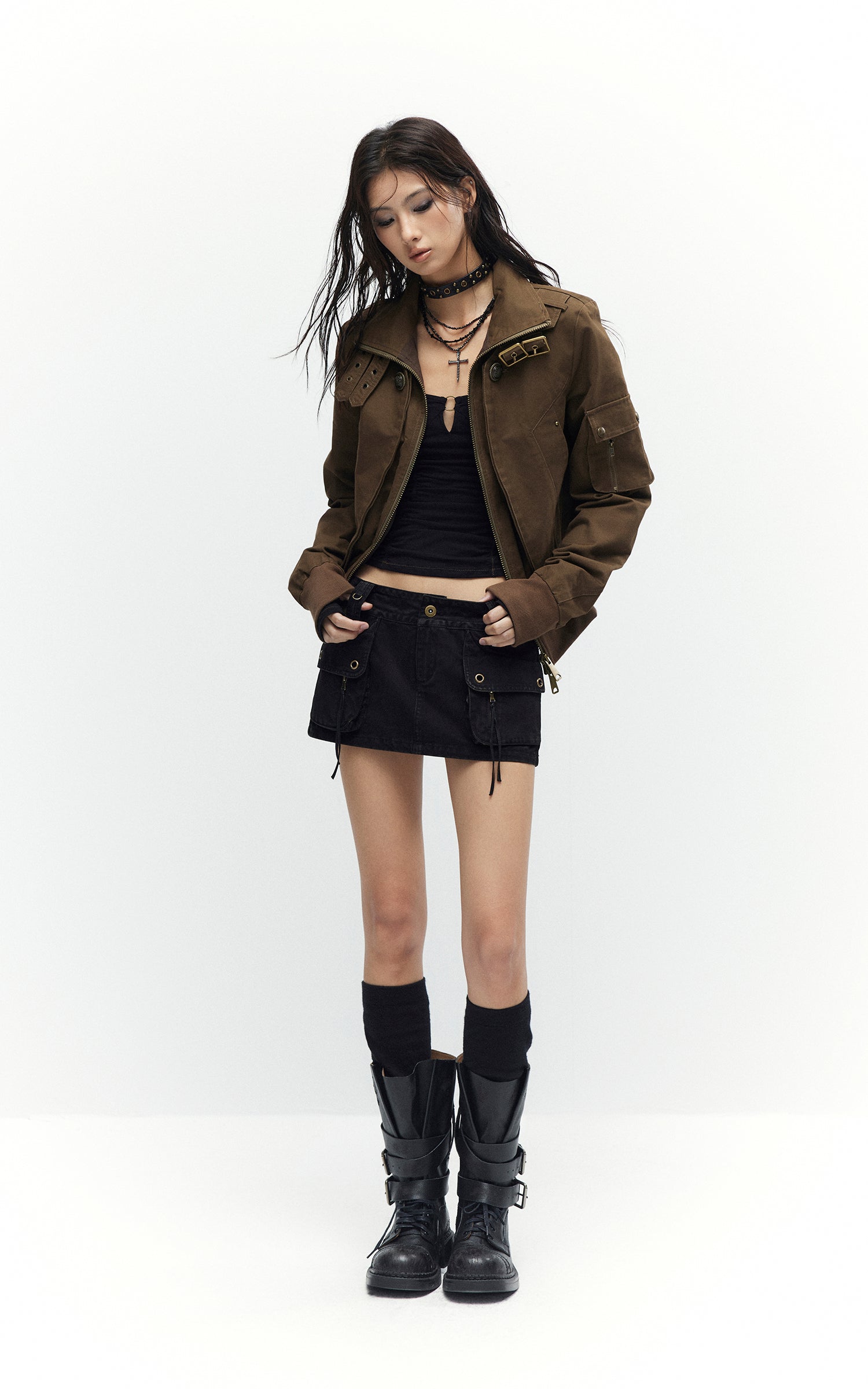 Low pixel Studded Buckle Collar Cropped Jacket