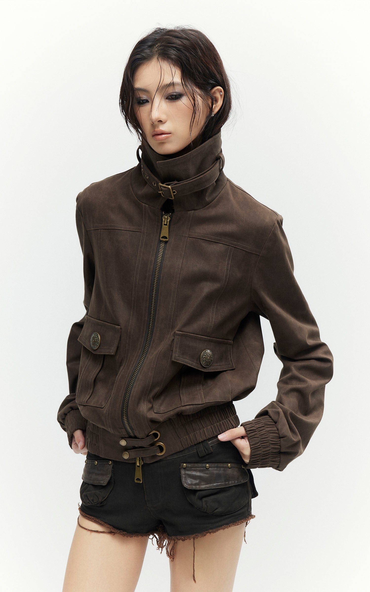 Low pixel ダメージ加工ユーティリティクロップドジップジャケット