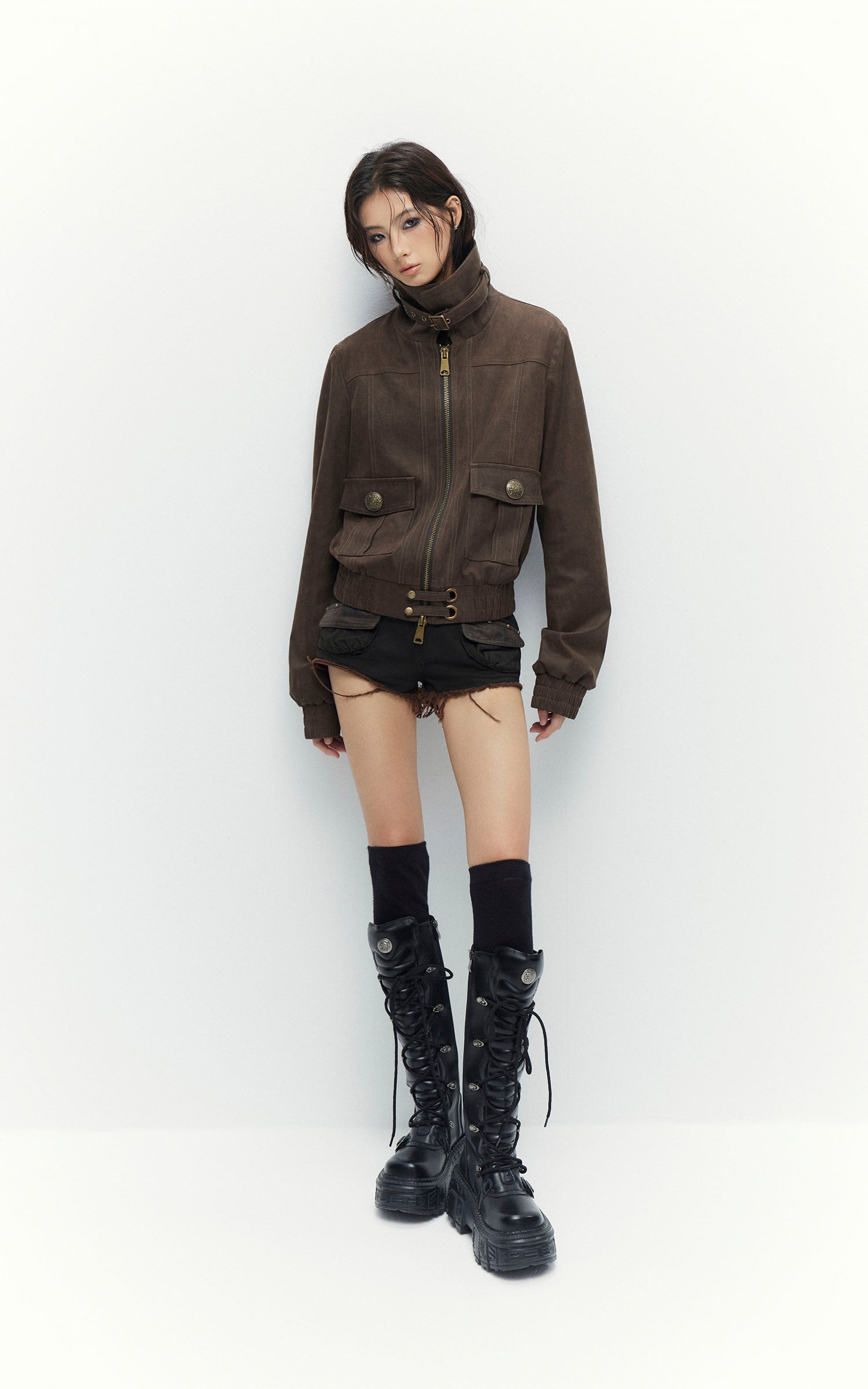 Low pixel ダメージ加工ユーティリティクロップドジップジャケット