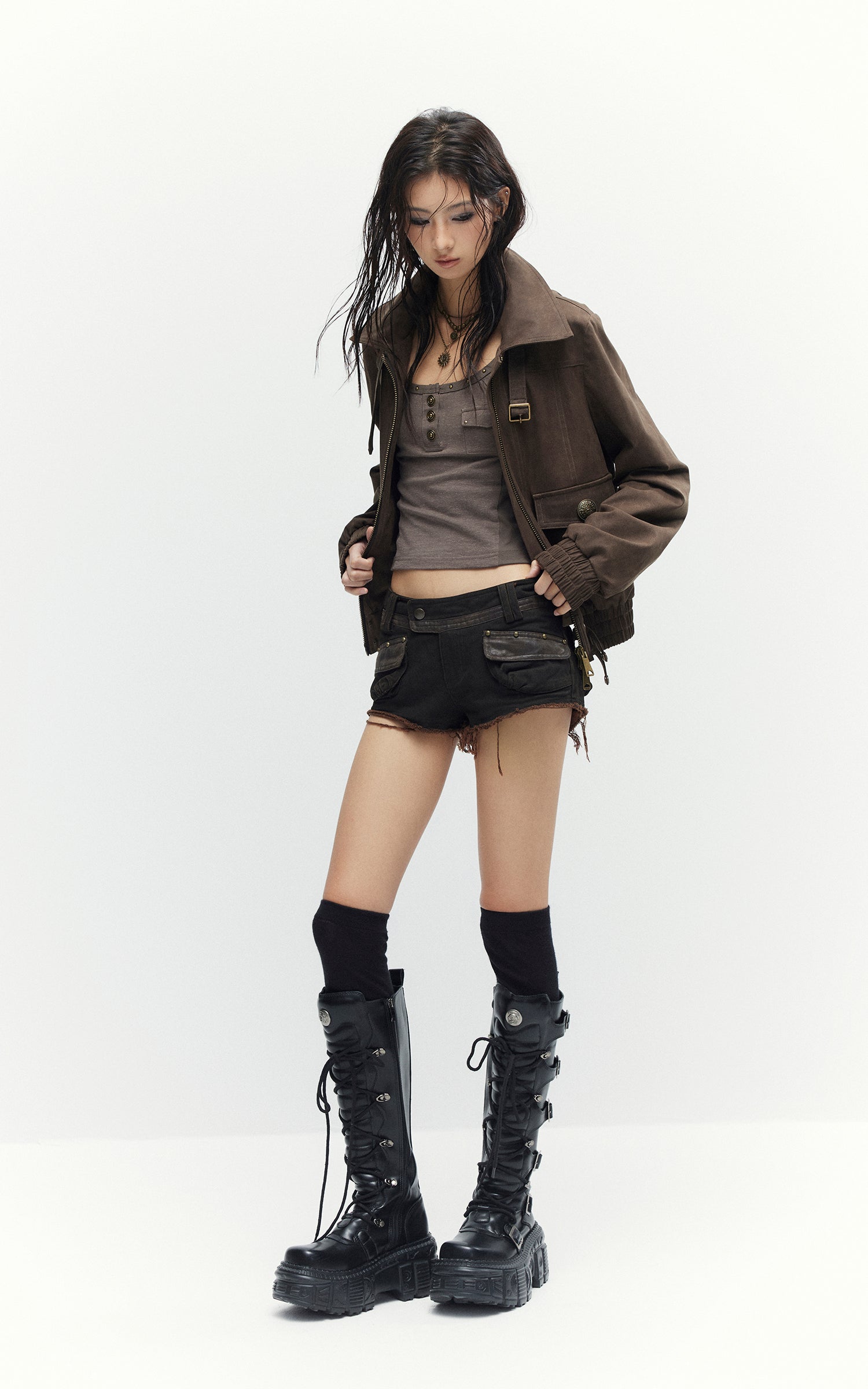 Low pixel ダメージ加工ユーティリティクロップドジップジャケット