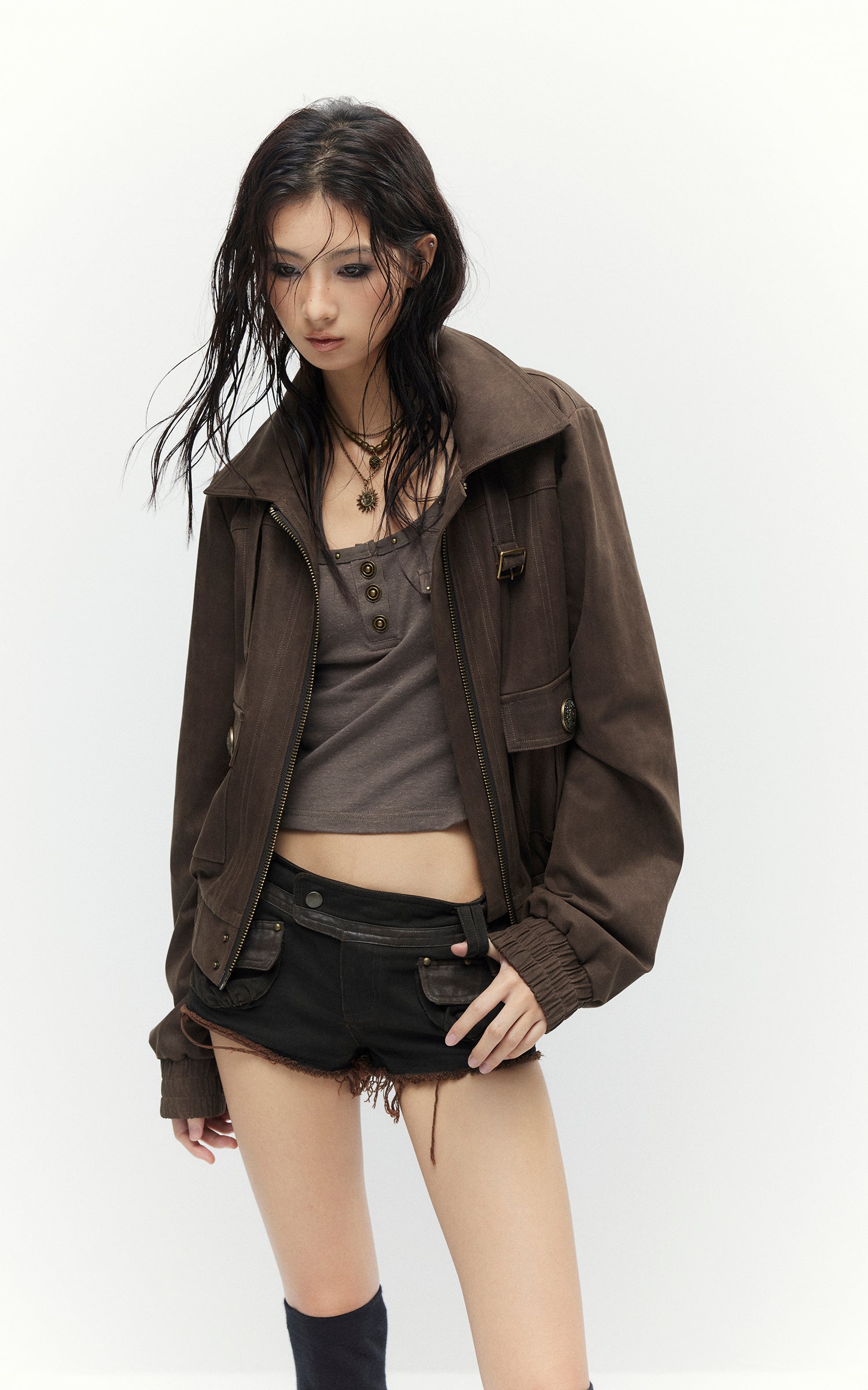 Low pixel ダメージ加工ユーティリティクロップドジップジャケット