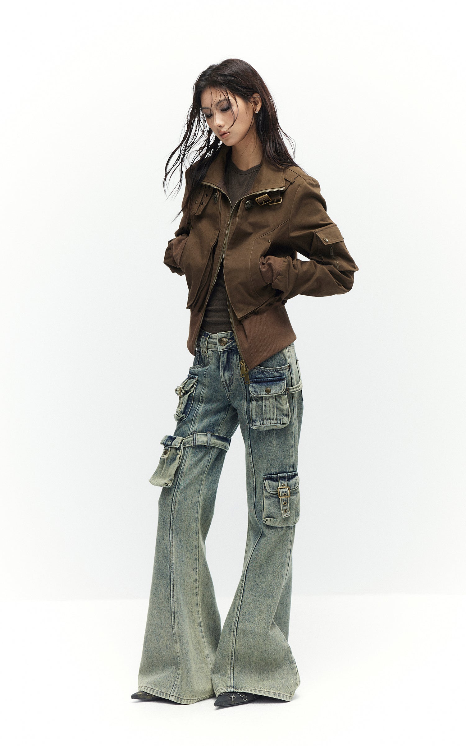 Low pixel Studded Buckle Collar Cropped Jacket