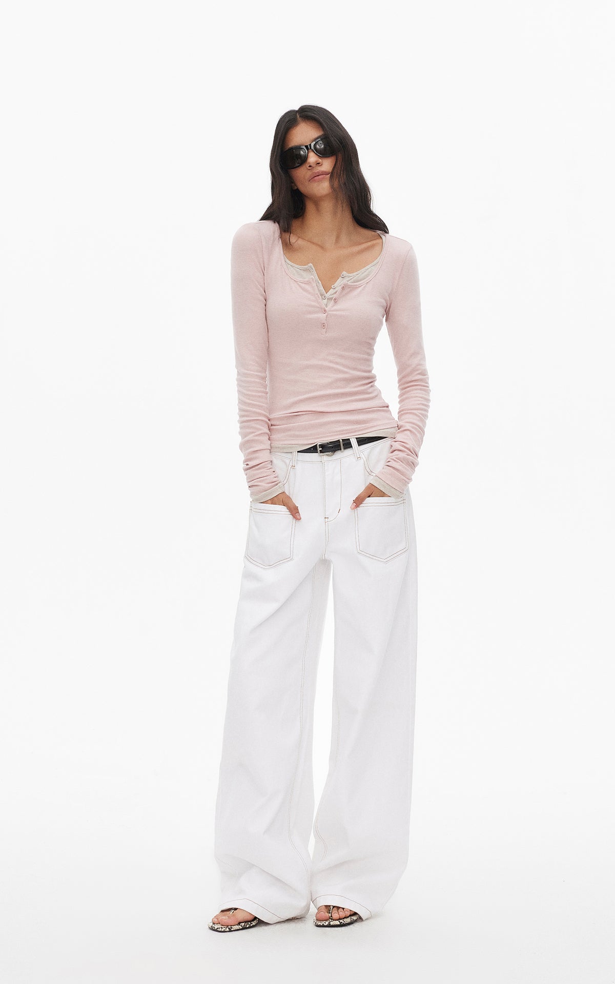 0122stepll Scoop Neck Button-Front Slim-Fit Long Sleeve T-Shirt