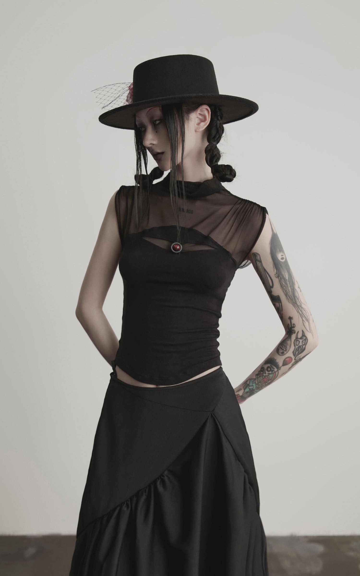 DOINDULGE Gothic Mesh Paneled Sleeveless Top with Red Orb Detail