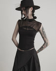 DOINDULGE Gothic Mesh Paneled Sleeveless Top with Red Orb Detail