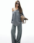 IAMXIAA Asymmetric Strap Slouchy Long Sleeve Top Casual Streetwear Pocket Tee