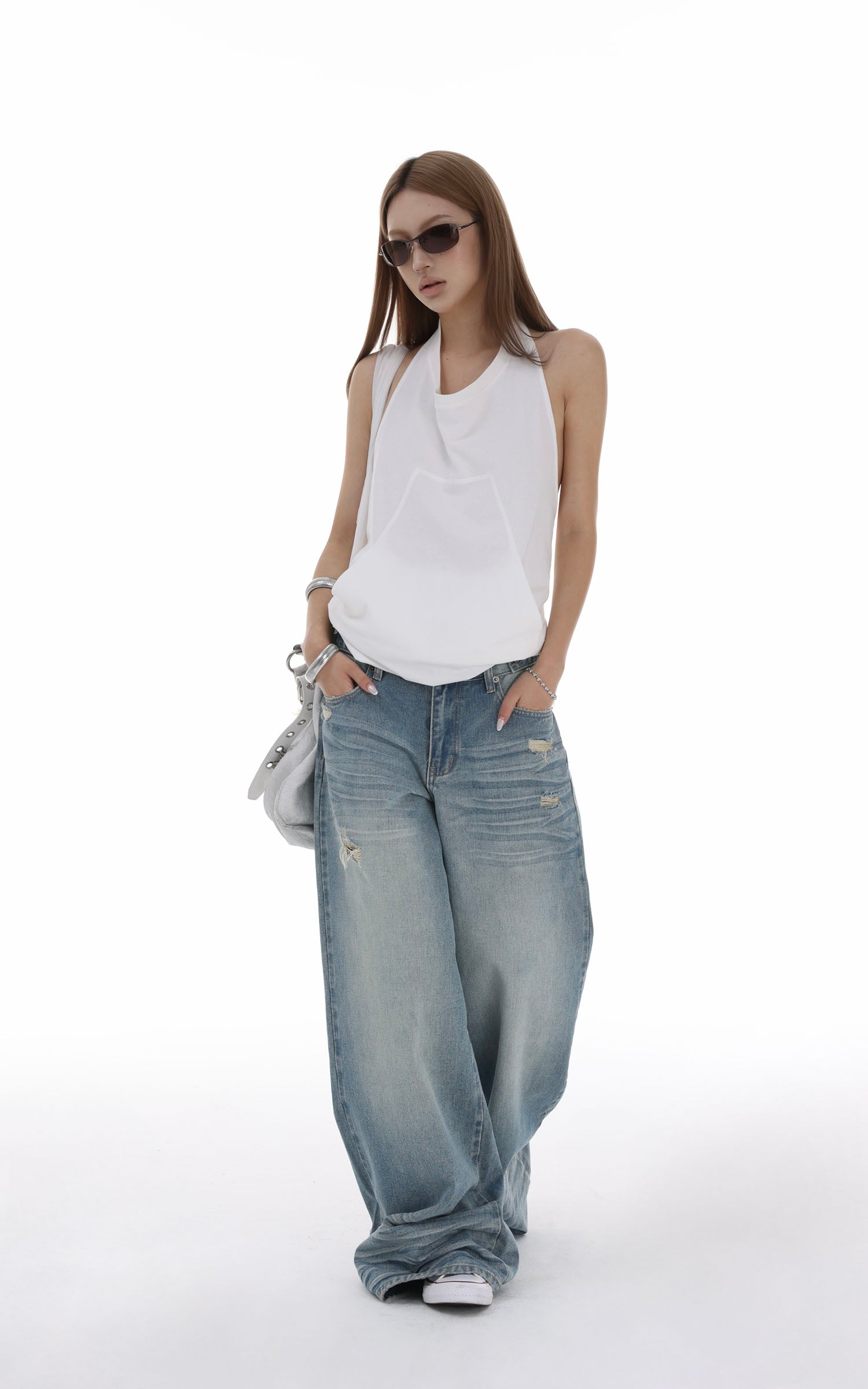 IAMXIAA Distressed Baggy Denim Jeans Low Waist Wide Leg Street Style Vintage Wash
