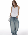 IAMXIAA Distressed Baggy Denim Jeans Low Waist Wide Leg Street Style Vintage Wash