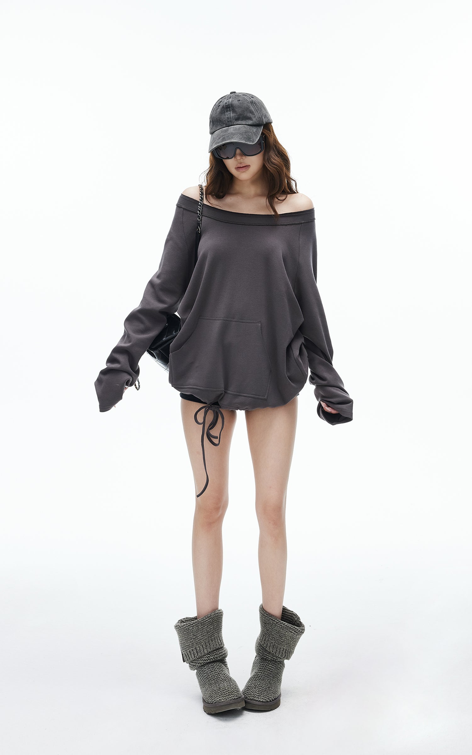 IAMXIAA Sweat-shirt oversize à épaules dénudées et cordon de serrage