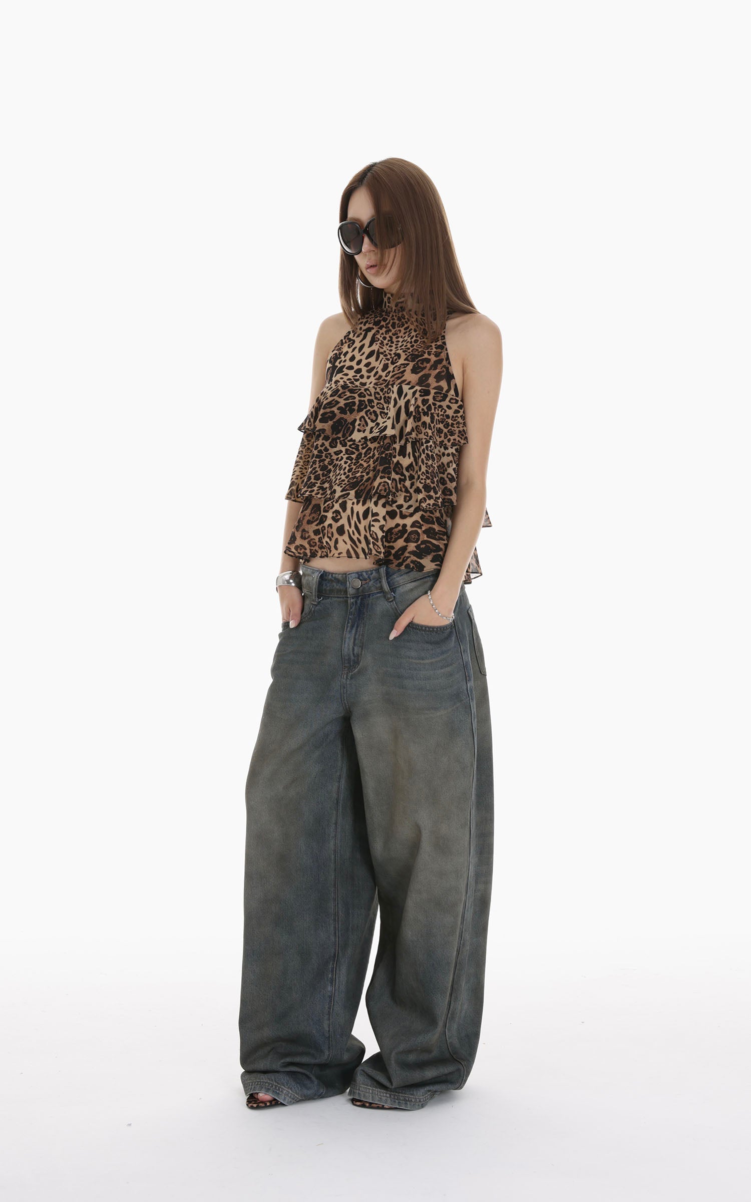IAMXIAA Leopard Print Ruffle Tank Top Halter Neck Sheer Layered Vest