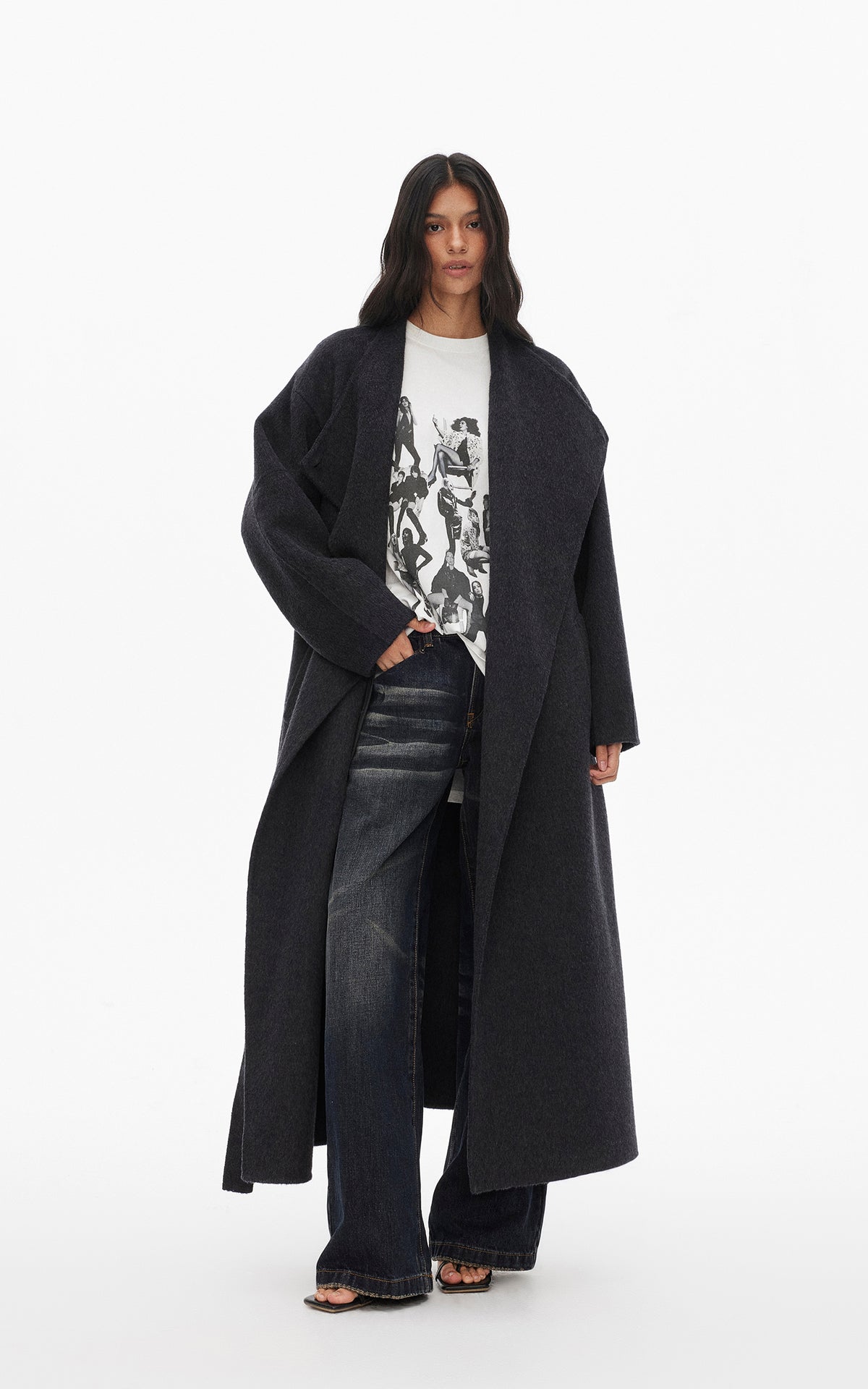0122stepll Manteau long ample ceinturé à nouer