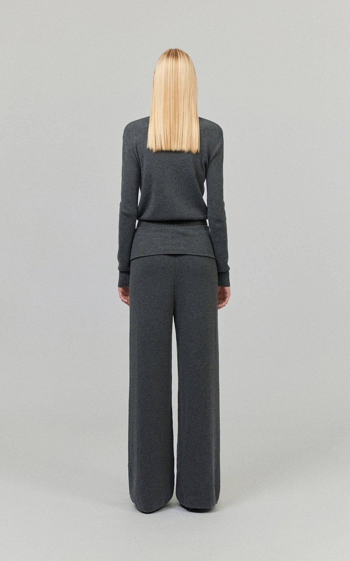 0122stepll High-Neck Zip Knit Cardigan &amp; Foldover Wide-Leg Pants Set