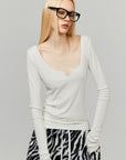 0122stepll Sculpted Scoop Neck Notch Long Sleeve Fitted Top