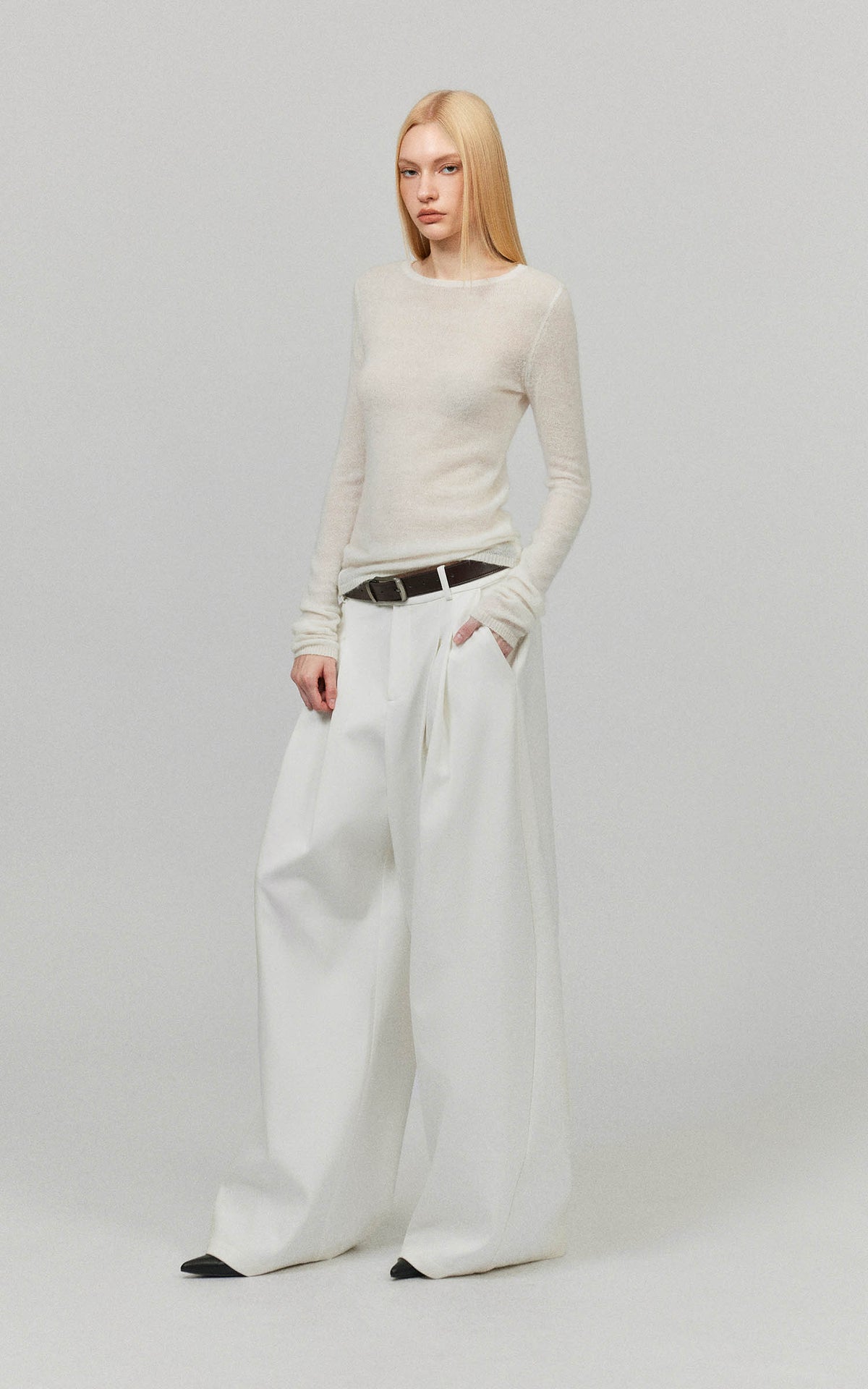 0122stepll Sheer Mohair Slim Long Sleeve Knit Top