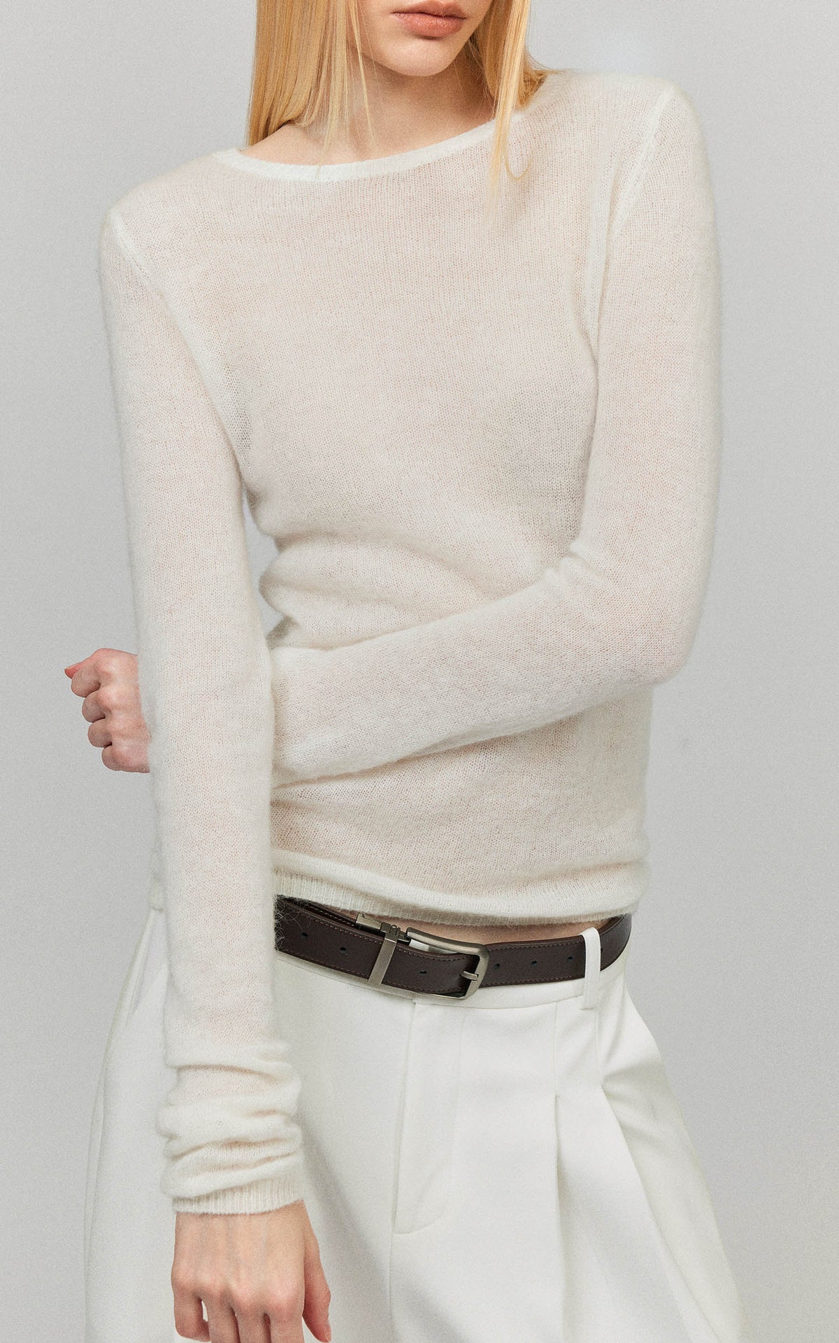 0122stepll Sheer Mohair Slim Long Sleeve Knit Top