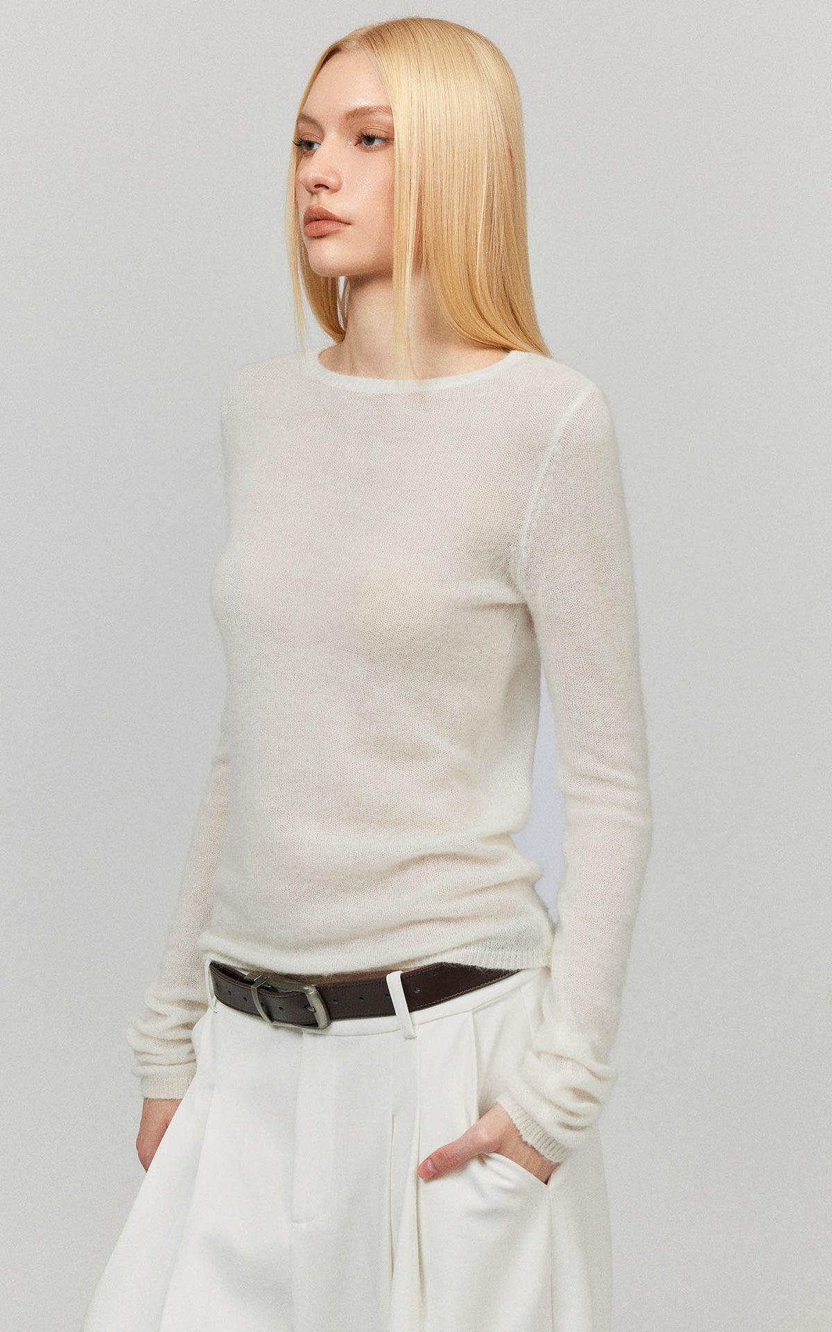 0122stepll Sheer Mohair Slim Long Sleeve Knit Top