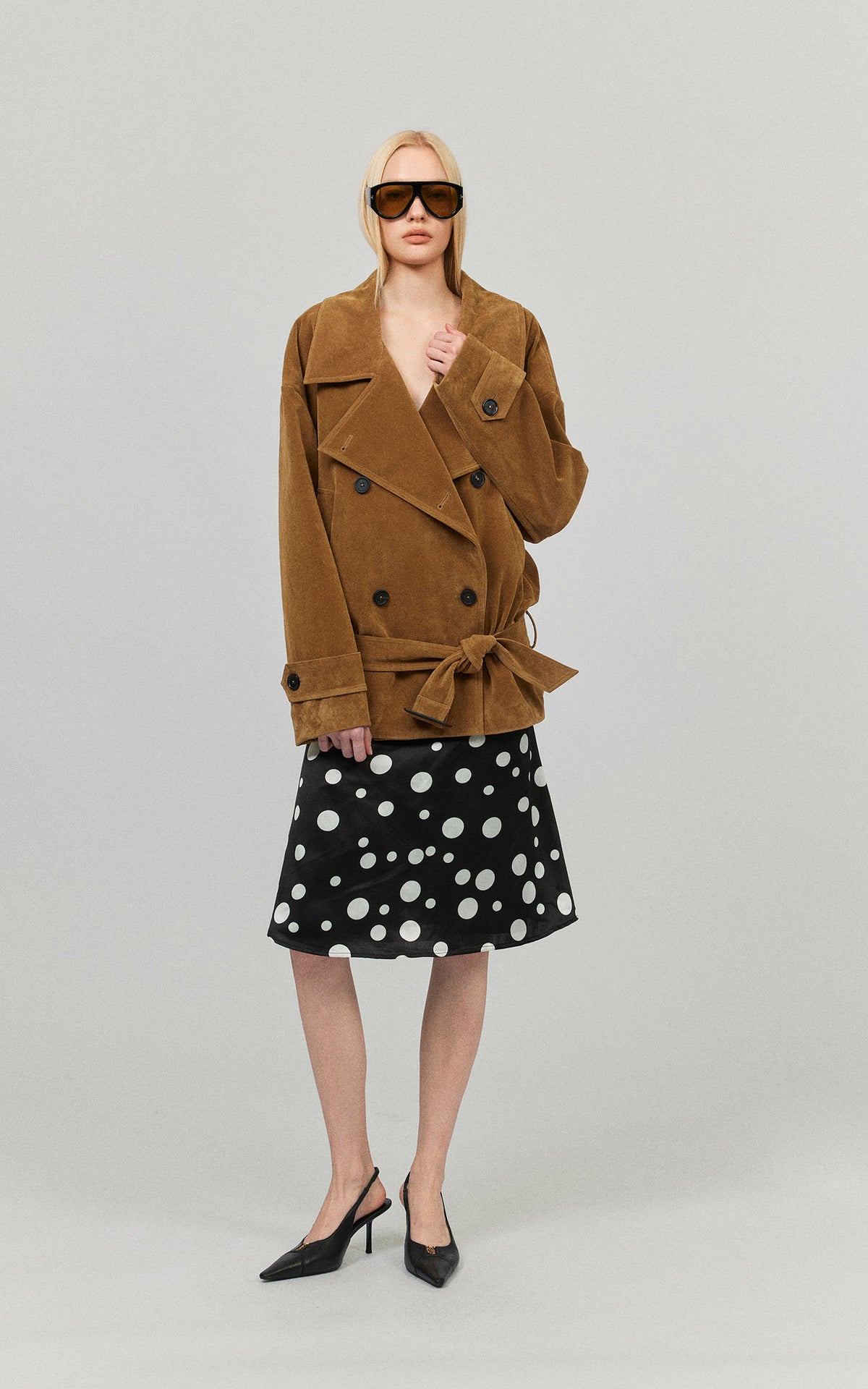 0122stepll Vintage Suede Oversized Double Breasted Belted Trench Jacket