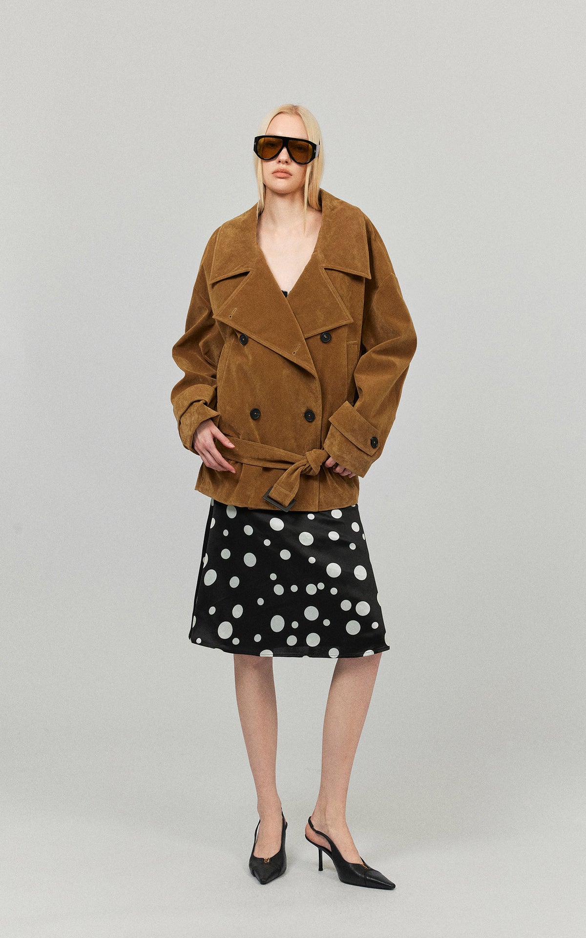 0122stepll Vintage Suede Oversized Double Breasted Belted Trench Jacket