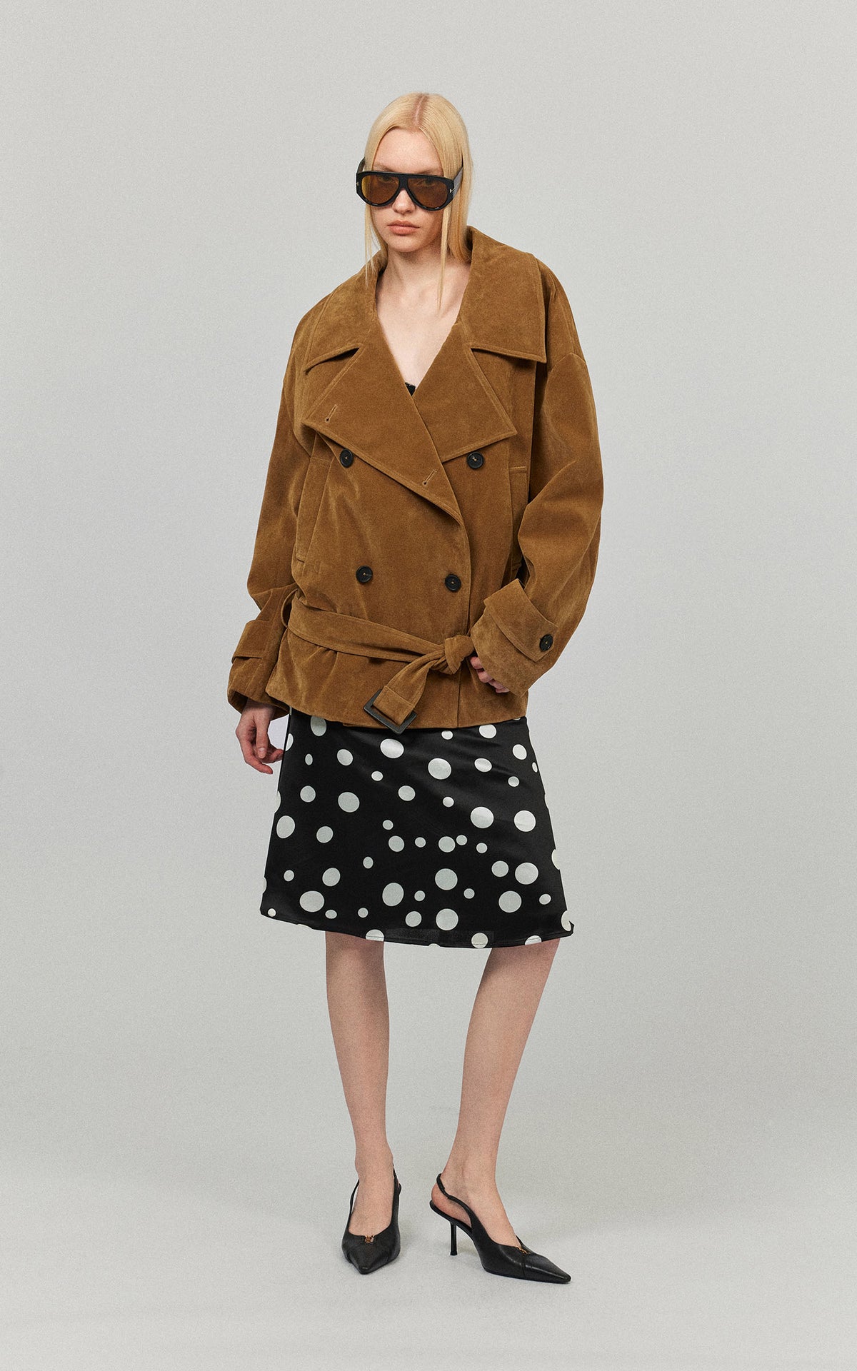 0122stepll Vintage Suede Oversized Double Breasted Belted Trench Jacket