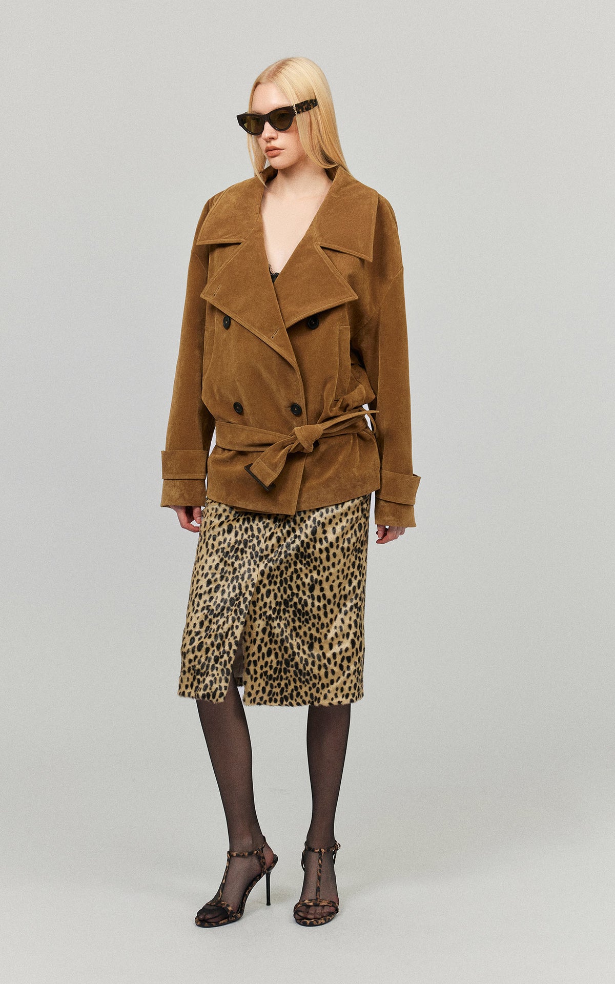 0122stepll Vintage Suede Oversized Double Breasted Belted Trench Jacket