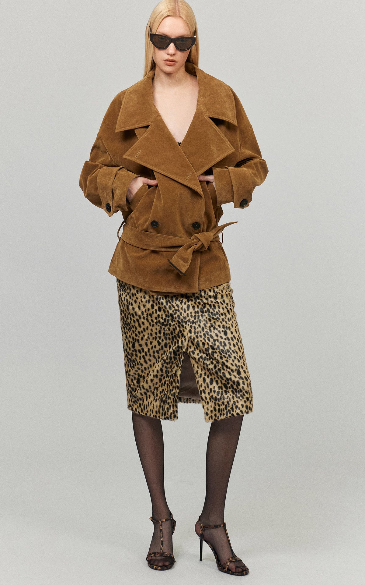 0122stepll Vintage Suede Oversized Double Breasted Belted Trench Jacket