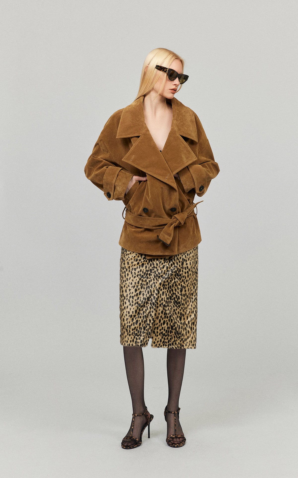 0122stepll Vintage Suede Oversized Double Breasted Belted Trench Jacket