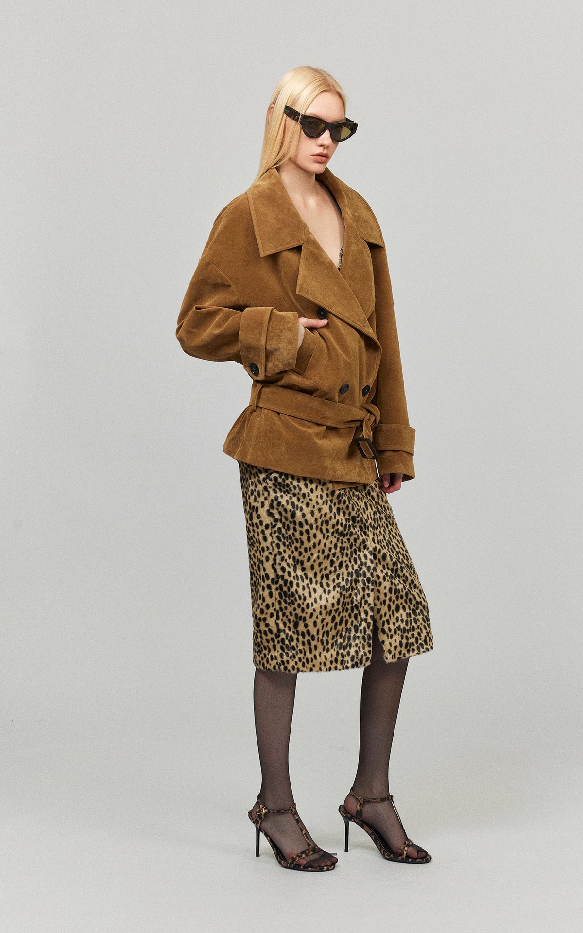 0122stepll Vintage Suede Oversized Double Breasted Belted Trench Jacket