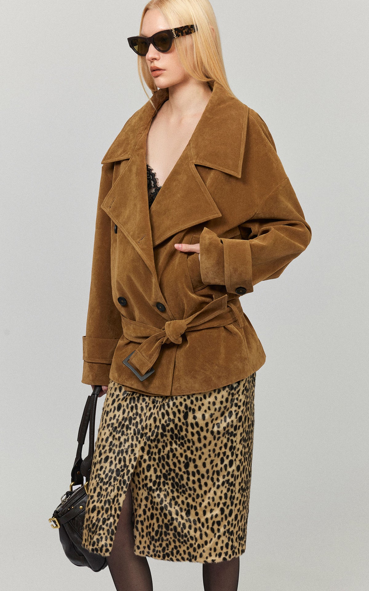 0122stepll Vintage Suede Oversized Double Breasted Belted Trench Jacket