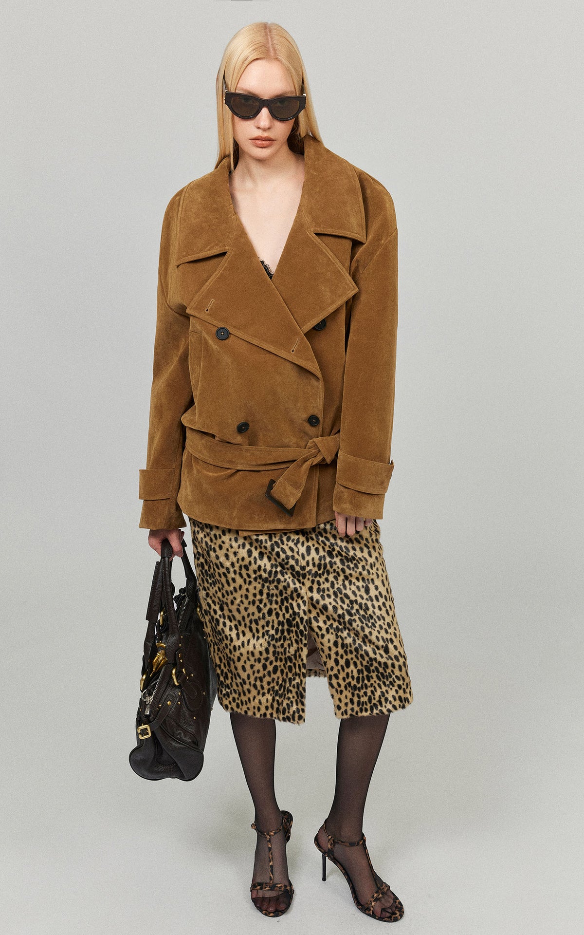 0122stepll Vintage Suede Oversized Double Breasted Belted Trench Jacket