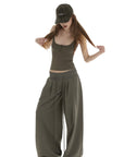 IAMXIAA Ribbed Button Tank and Wide Leg Drawstring Pants Two-Piece Set