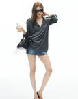 IAMXIAA V Neck Long Sleeve Tee Casual Loose Fit Top