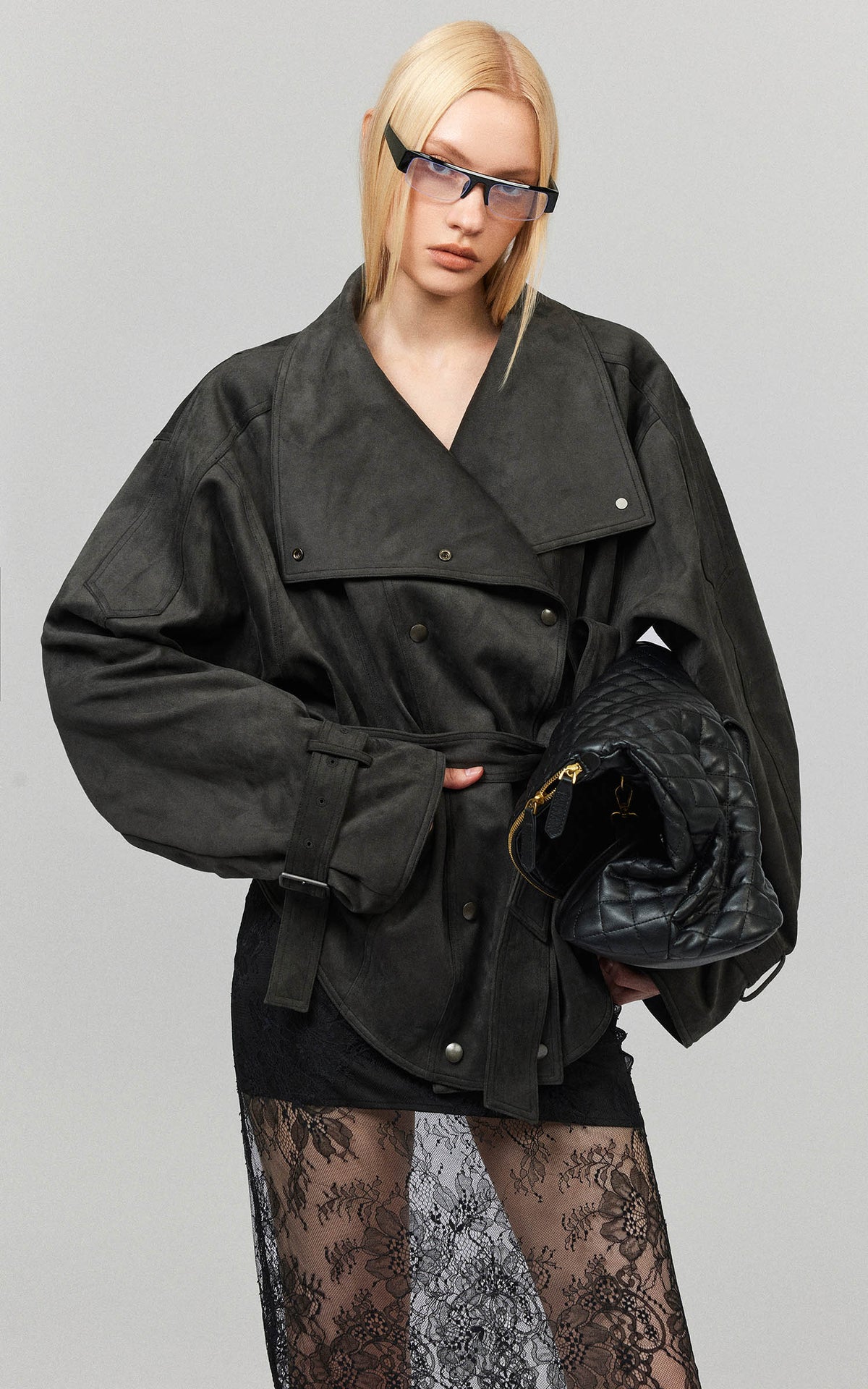 0122stepll Washed Suede Belted Biker Jacket