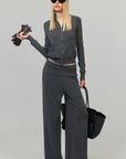 0122stepll High-Neck Zip Knit Cardigan & Foldover Wide-Leg Pants Set