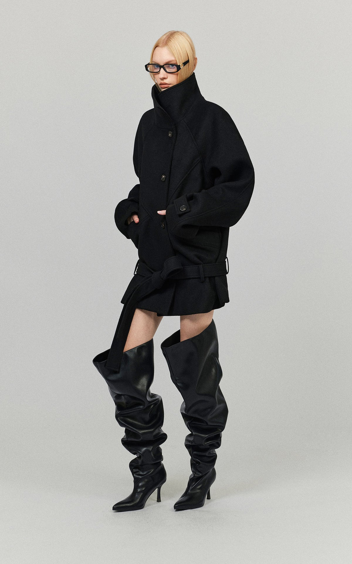 0122stepll Sculpted High Collar Belted Jacket