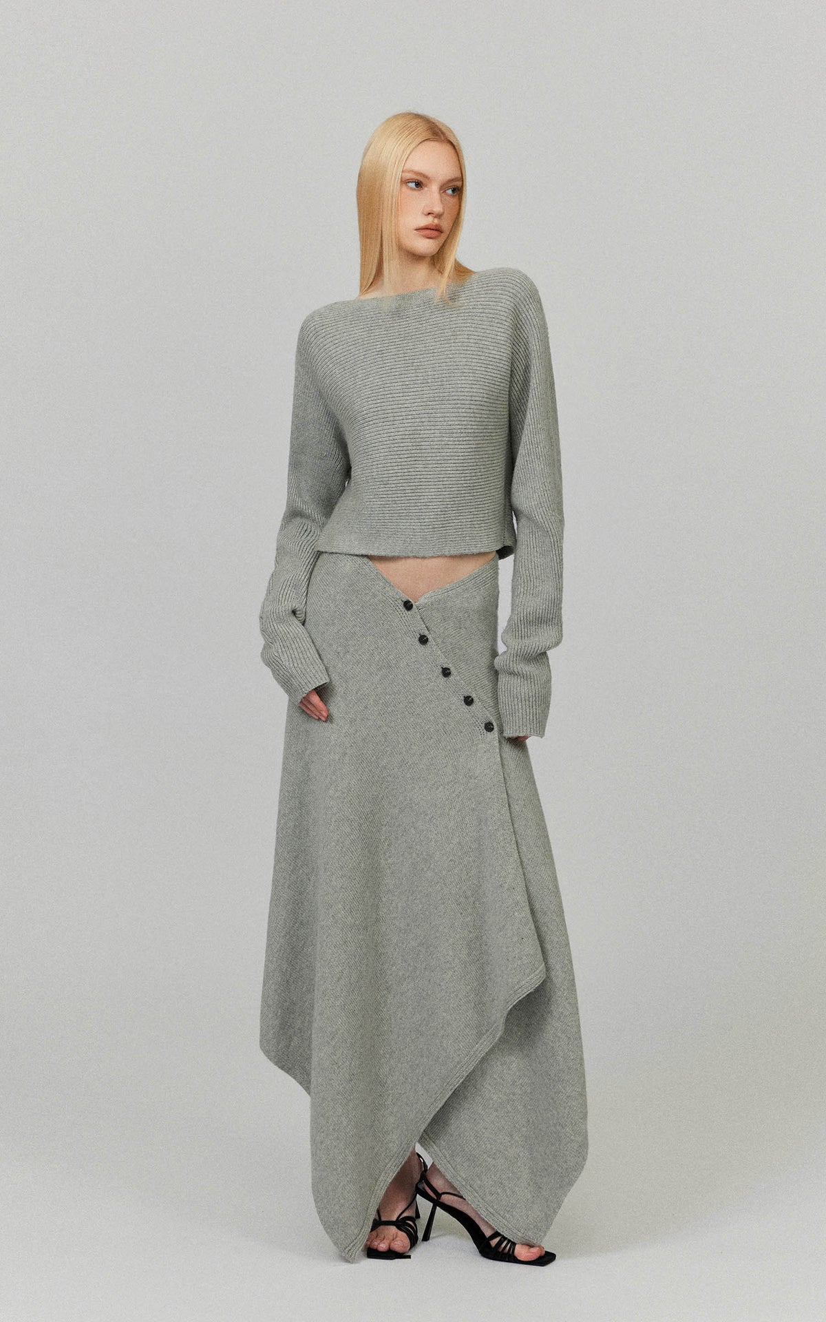 0122stepll Draped Knit Top &amp; Asymmetric Maxi Skirt Set