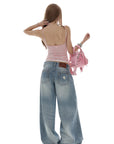 IAMXIAA Distressed Baggy Denim Jeans Low Waist Wide Leg Street Style Vintage Wash