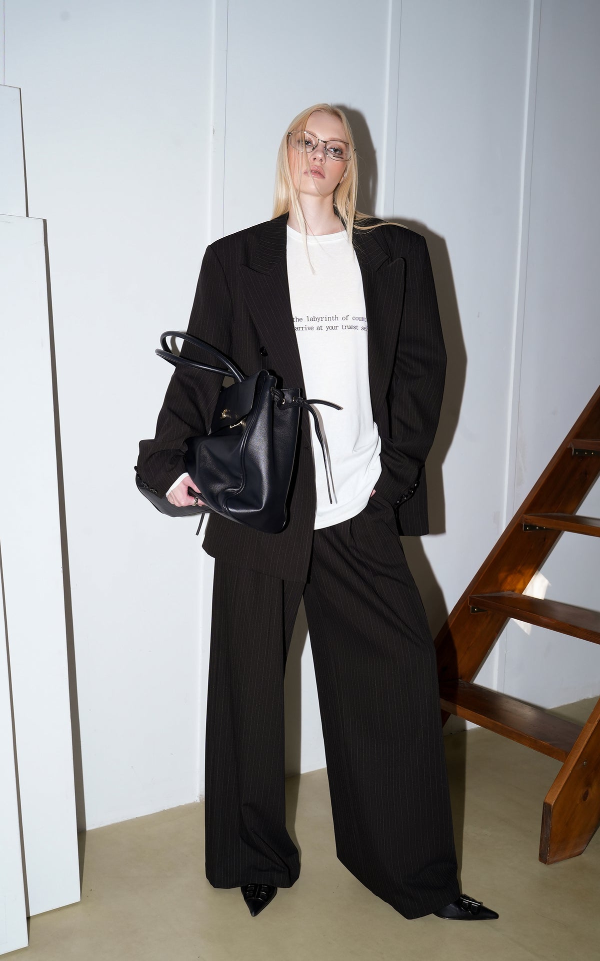 0122stepll Oversized Pinstripe Blazer &amp; Wide-Leg Pants Set